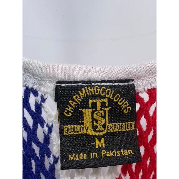 CHARMING COLORS Women's Blue-White-Red Scoop-Neck Open Crochet Knit Tank Top SZM - Picture 5 of 8